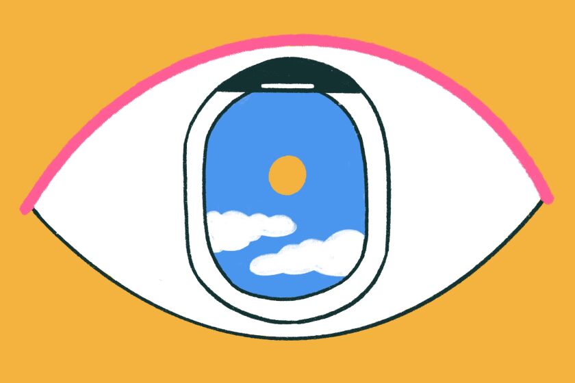 An eye with an airplane window standing in as the pupil.