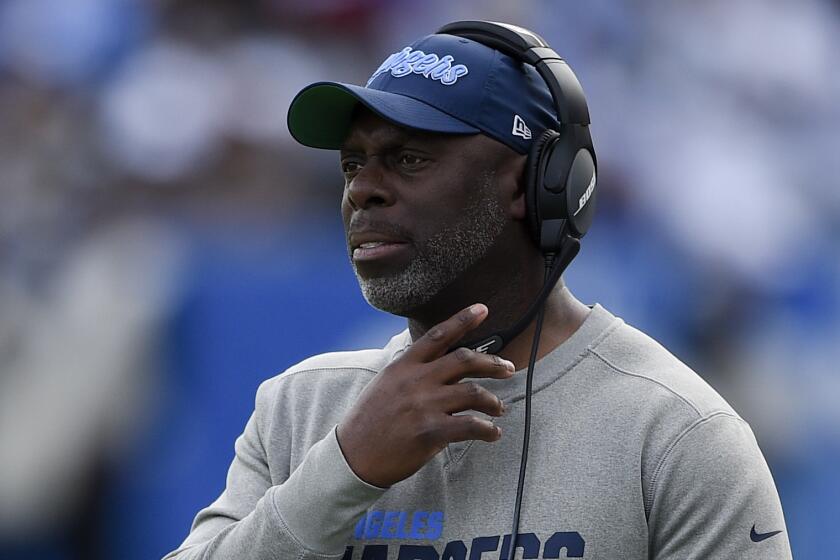 Los Angeles Chargers head coach Anthony Lynn watches from the sidelines during the first half.