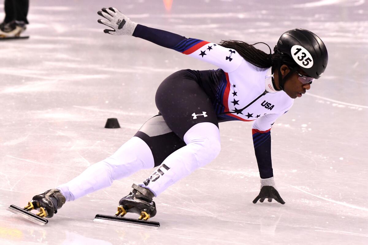 Maame Biney finishes fourth in the 500-meter short-track speedskating quarterfinal.