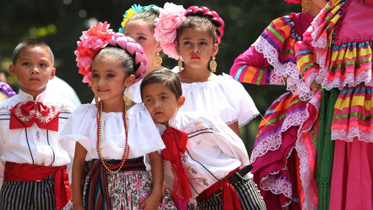 Young members of the "Ballet Folklorico Nuevo Amanecer" wait to perform during L.A.'s birthday celebration.