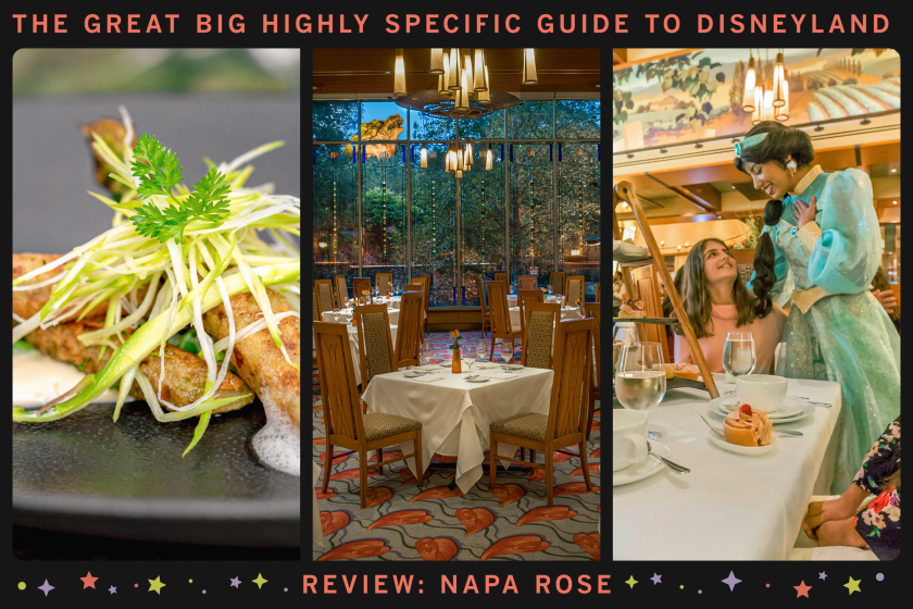 A framed triptych of 3 scenes from Napa Rose at Disneyland: a fried dish, the dining room view, and a friendly costumed host