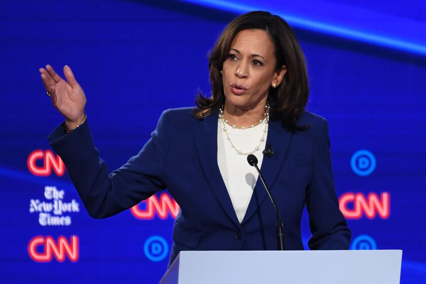 Democratic presidential hopeful California Senator Kamala Harris speaks during the fourth Democratic primary debate of the 2020 presidential campaign season co-hosted by The New York Times and CNN at Otterbein University in Westerville, Ohio on October 15, 2019. (Photo by SAUL LOEB / AFP) (Photo by SAUL LOEB/AFP via Getty Images)