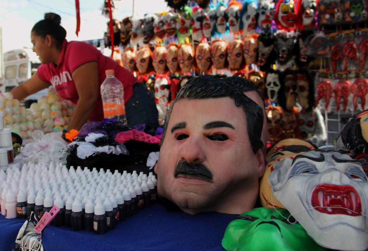View of a latex mask depicting Mexican drug trafficker Joaquin "El Chapo" Guzman in Ciudad Juarez, Mexico on October 25, 2016.