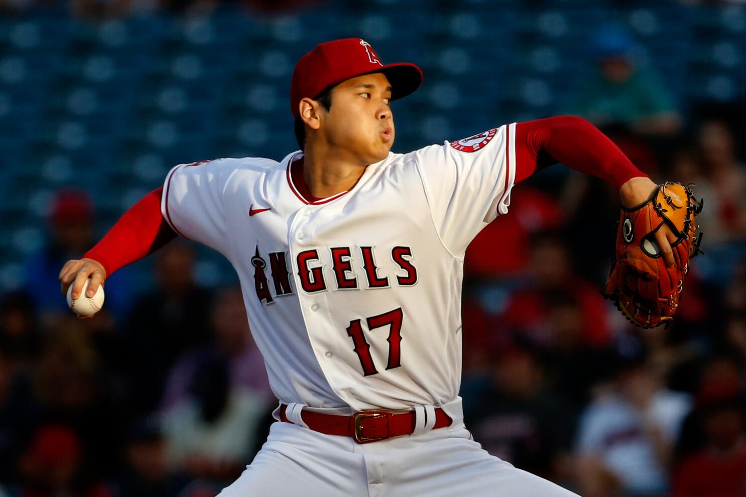 Los Angeles Angels center fielder Brandon Marsh (16) looks on prior to an  MLB regular season game against the Cleveland Guardians, Wednesday, April  27th, 2022, at Angels Stadium in Anaheim, CA. (Brandon