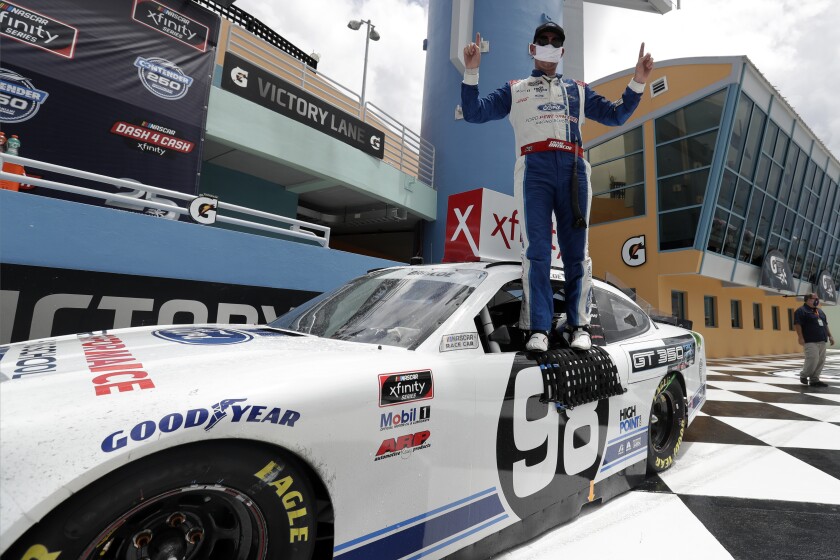 Chase Briscoe celebrates after winning a NASCAR Xfinity Series auto race on Sunday in Homestead, Fla.
