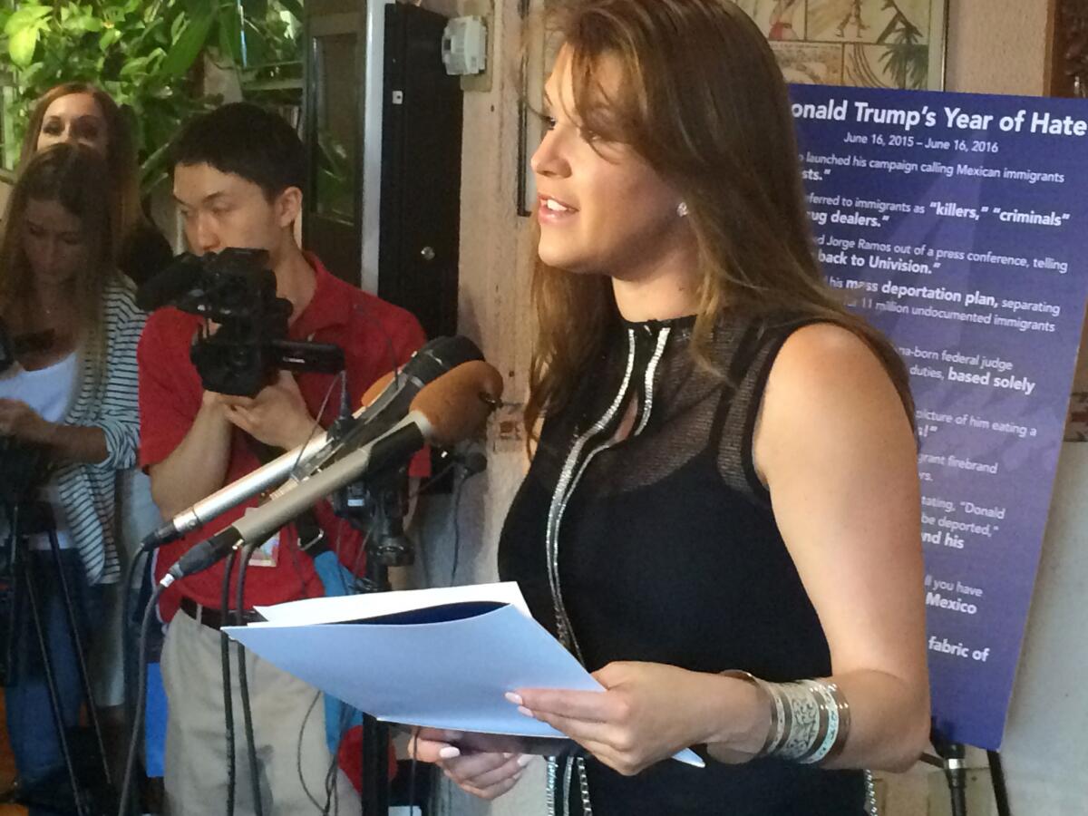Former Miss Universe Alicia Machado speaks during a news conference in June in Arlington, Va.
