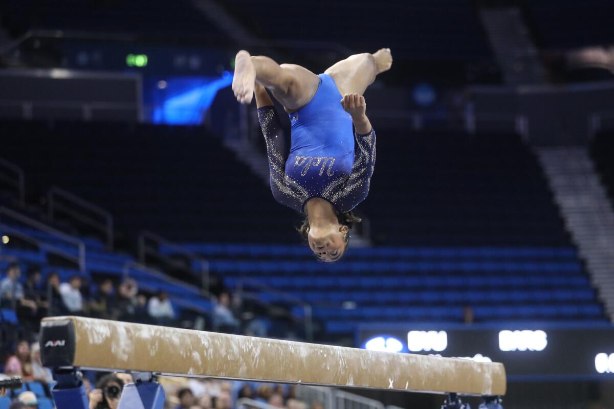 Selena Harris competes with UCLA gymnastics at the NCAA Los Angeles Regional on Thursday at Pauley Pavilion.