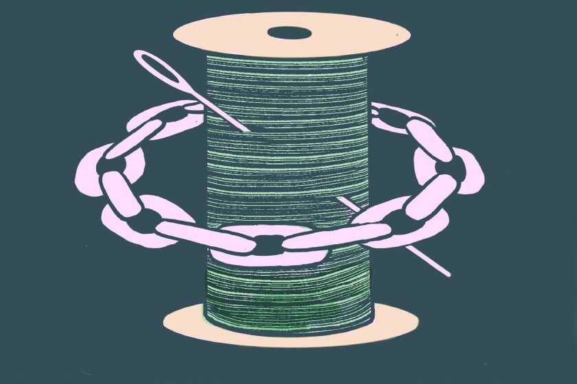 Illustration of a coil of thread with a string around it.