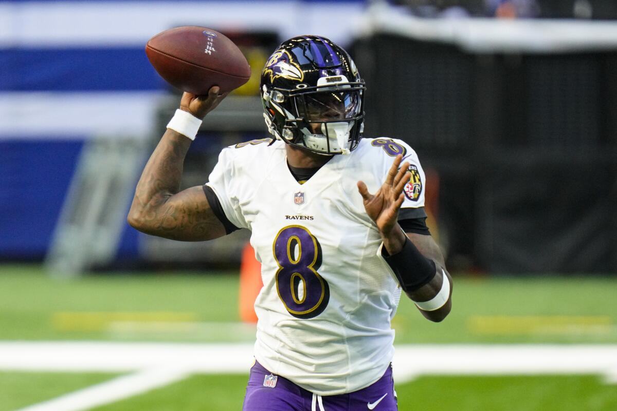 Baltimore Ravens quarterback Lamar Jackson throws against the Indianapolis Colts on Sunday.