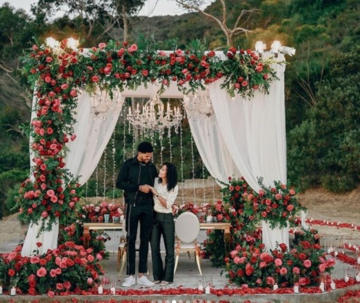 A gazebo festooned with roses makes for a romantic proposal by Tobias Harris to Jasmine Winton.