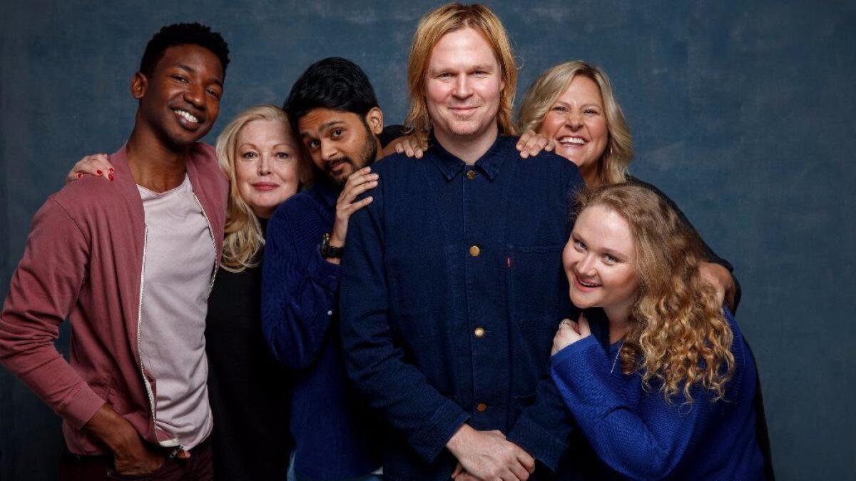 "Patti Cakes” writer-director Geremy Jasper, center, bonds with his cast: Mamoudou Athie, from left, Cathy Moriarty, Siddharth Dhananjay, Bridget Everett and Danielle Macdonald. (Jay L. Clendenin / Los Angeles Times)