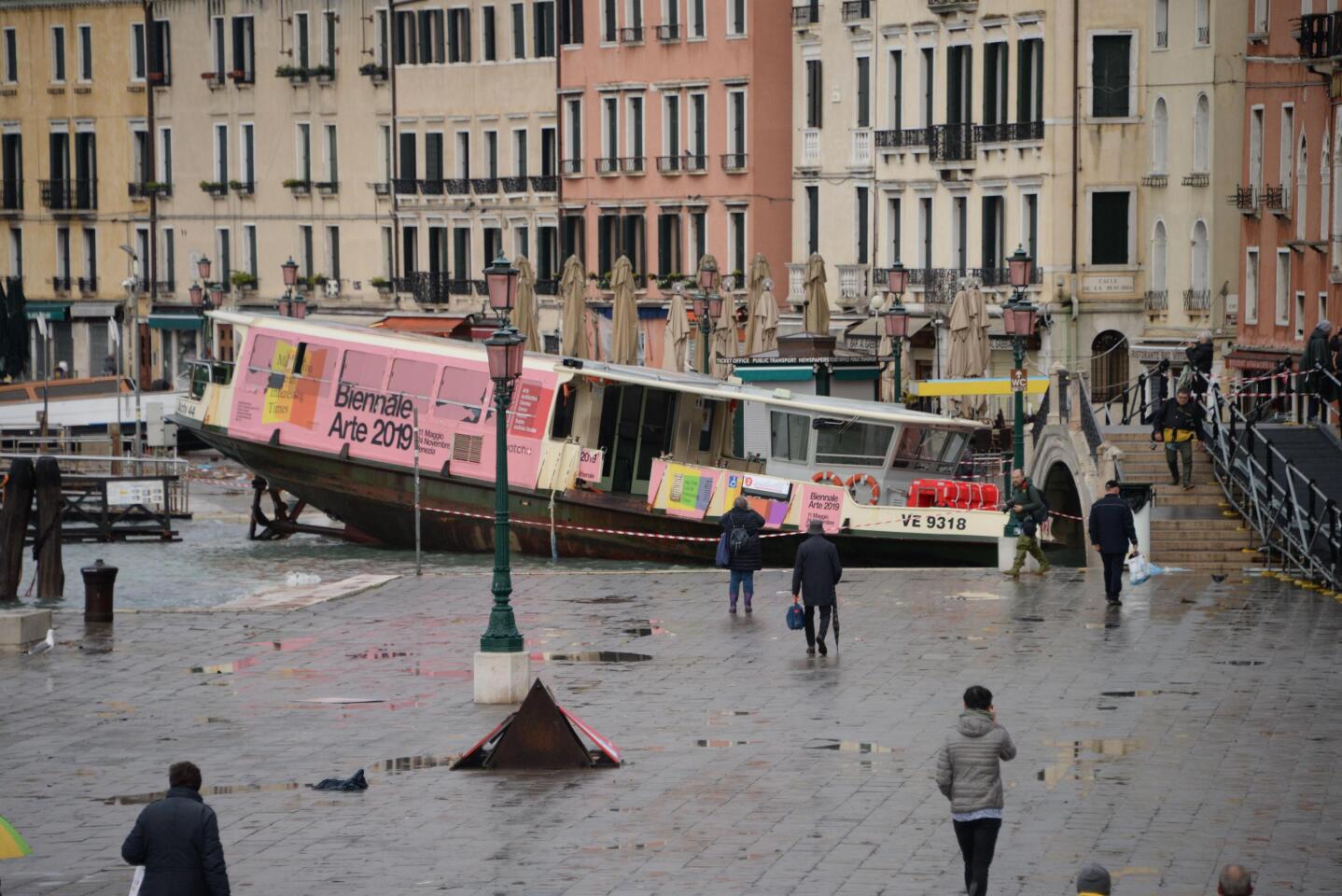 A view of a ferry stranded on the docks following bad weather in Venice.