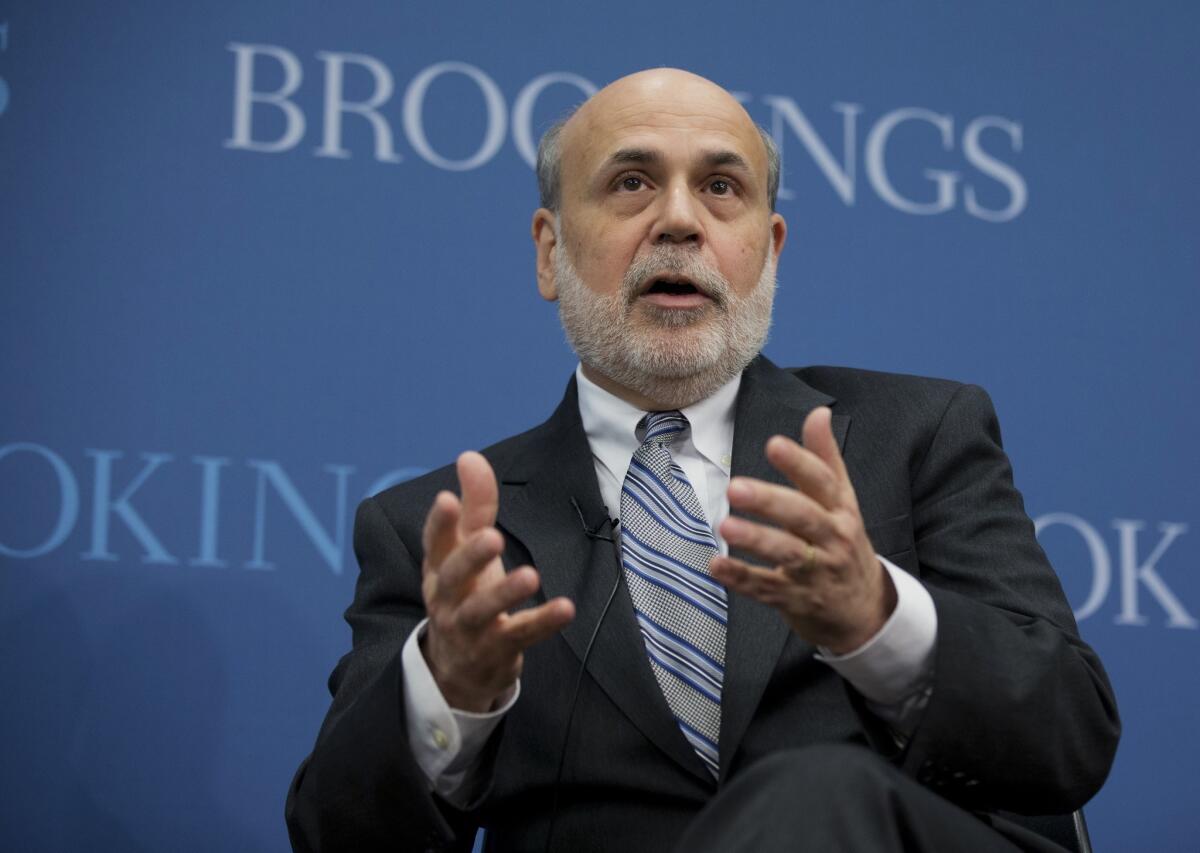 Former Federal Reserve Chairman Ben S. Bernanke speaks at the Brookings Institution in Washington.