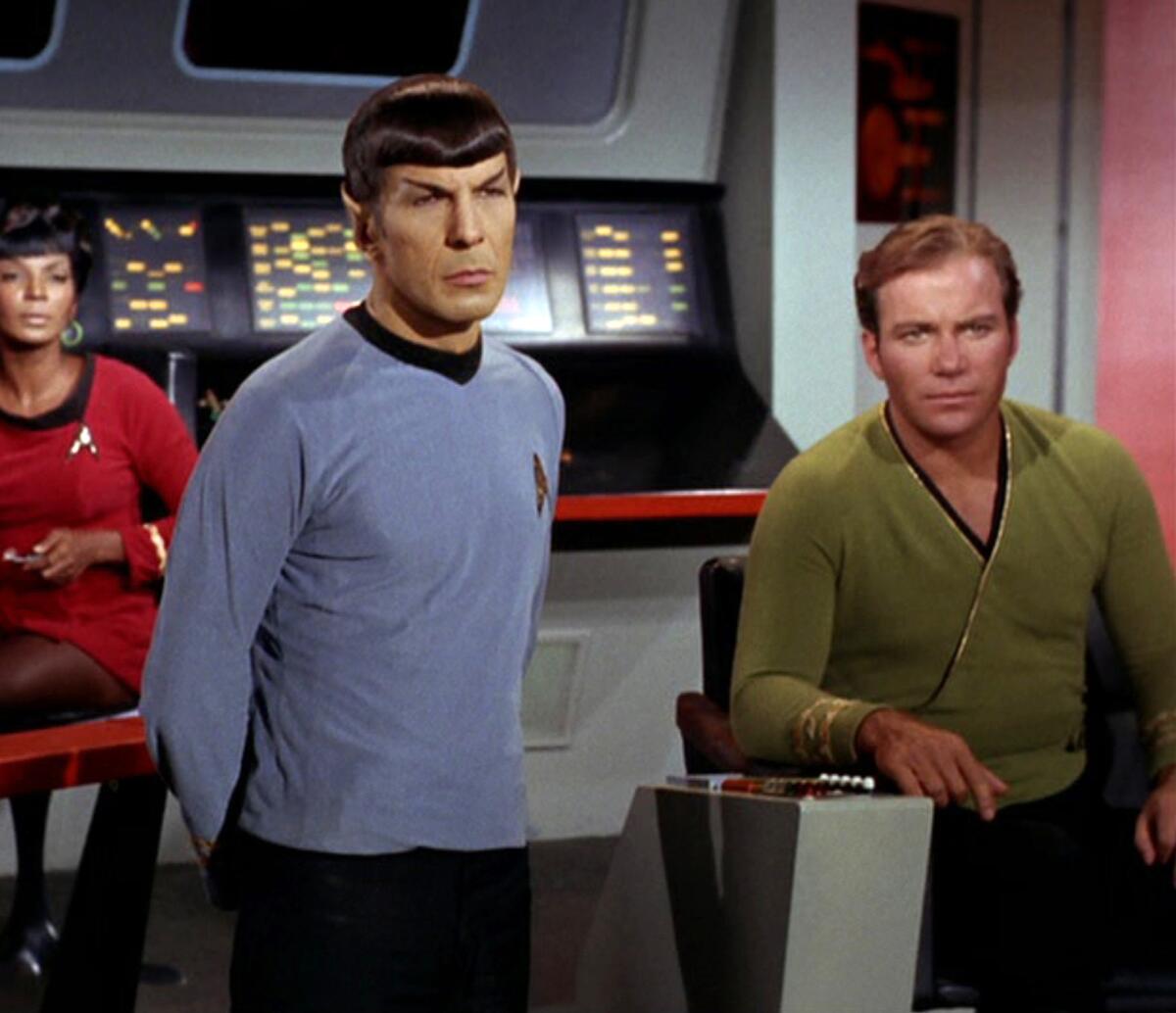 A scene from "Star Trek's" "The Trouble With Tribbles" episode first aired in 1967, featuring, from left, Nichelle Nichols as Uhura, Leonard Nimoy as Mr. Spock and William Shatner as Captain James T. Kirk.