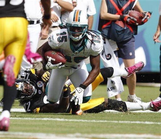 Miami Dolphins' Davone Bess (15) escapes a tackle by Pittsburgh Steelers' William Gay (22) while running for a touchdown during the first half of an NFL football game in Miami, Sunday, Oct. 24, 2010. (AP Photo/Wilfredo Lee)