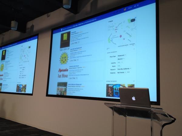 Facebook Graph Search, displayed on this projector screen, lets users search their networks for information that has been shared with them. More on Facebook's Graph Search.