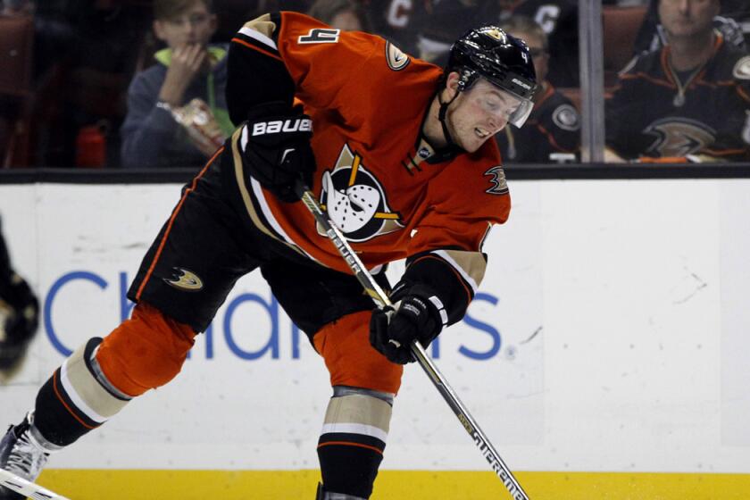 Anaheim Ducks defenseman Cam Fowler takes a shot against the Pittsburgh Penguins during the second period on Dec. 6.