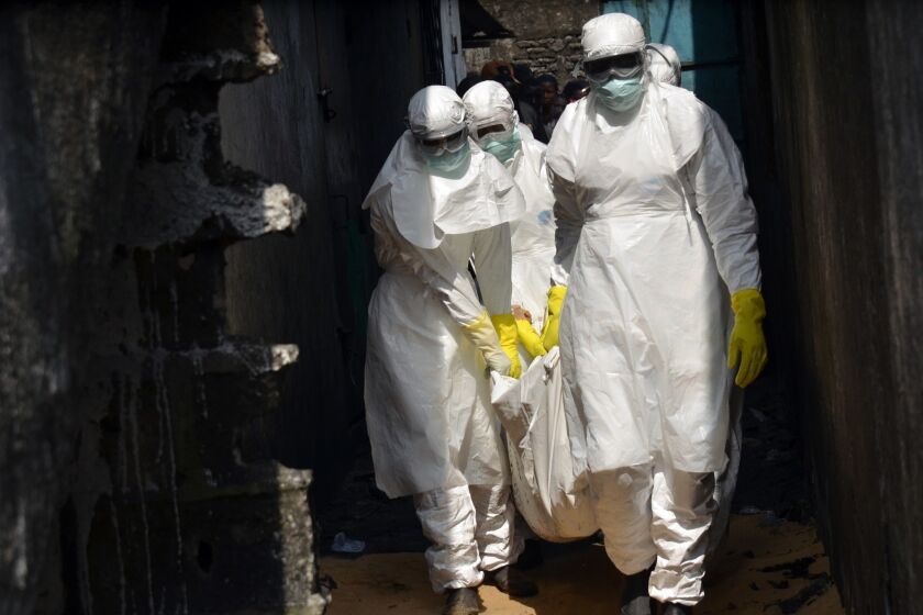 Red Cross workers carry the body of a person who died from Ebola in Monrovia earlier this month.