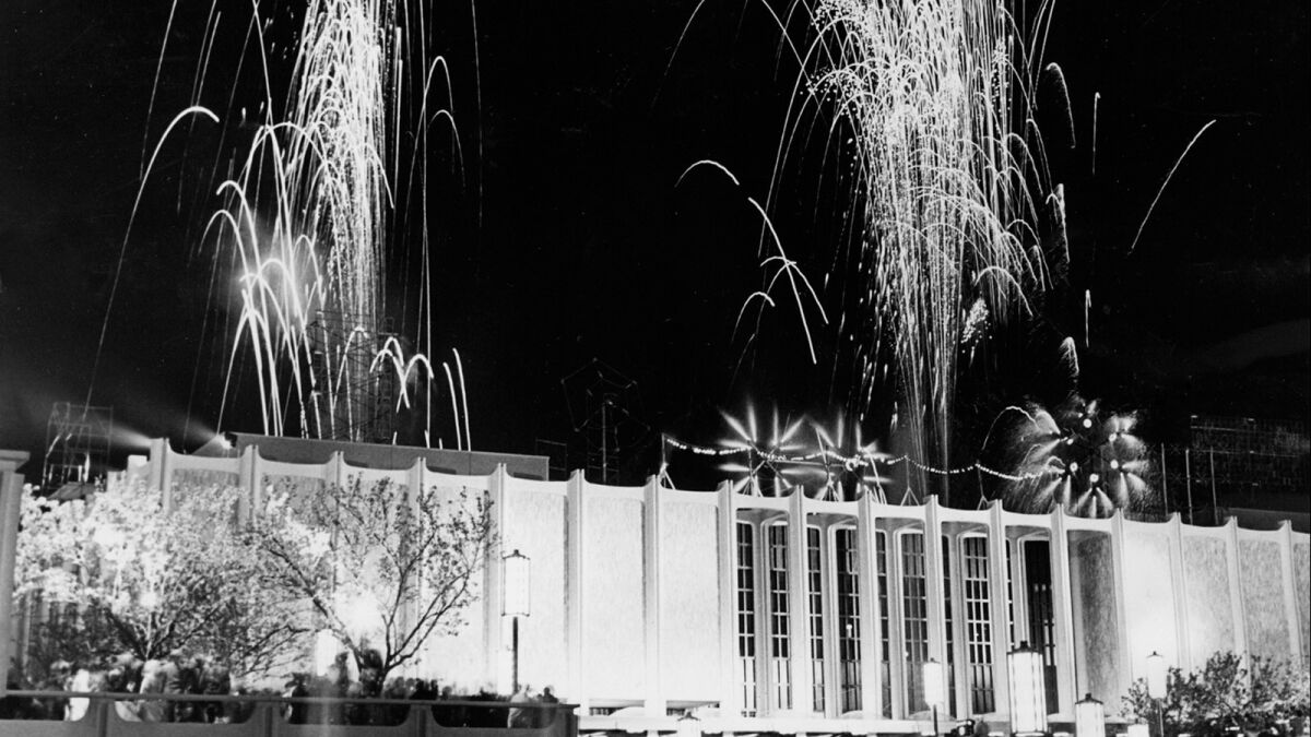 The sky above LACMA is lighted by a colorful fireworks show during formal dedication ceremonies on opening night, March 30, 1965.
