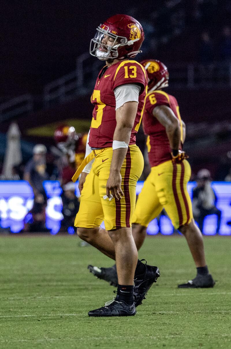 LOS ANGELES, CA - NOVEMBER 4, 2023: USC Trojans quarterback Caleb Williams (13) walks.