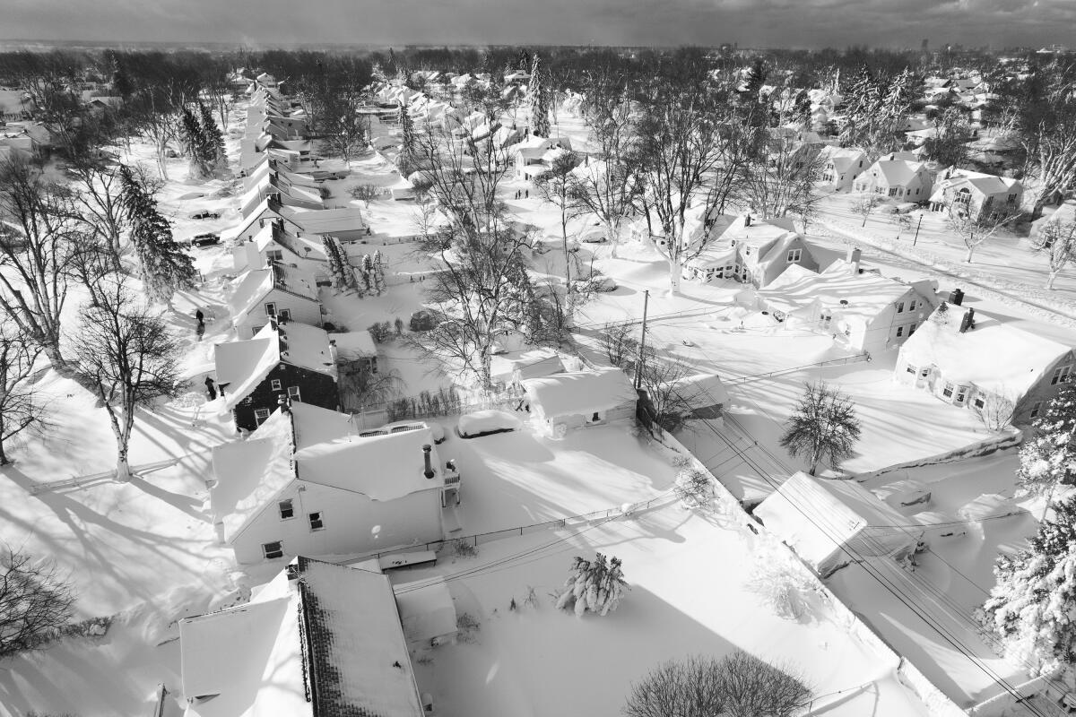Houses, yards and streets are covered in snow in an aerial image.