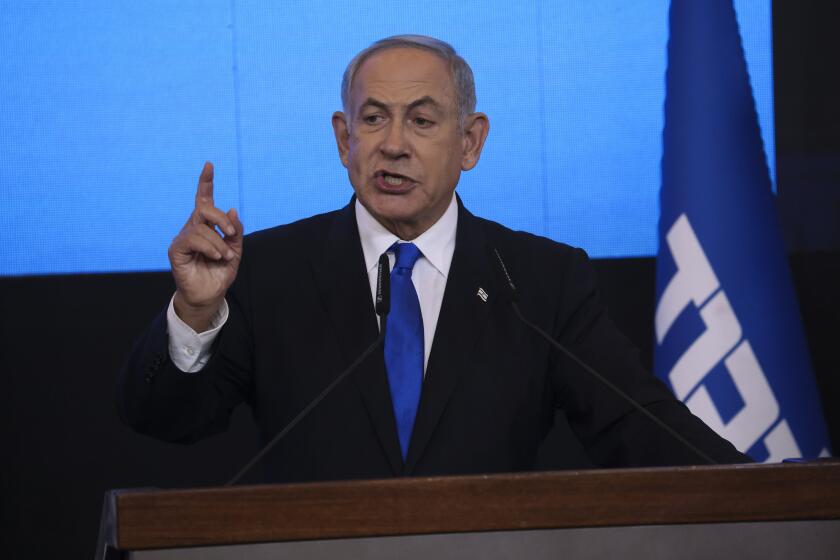 FILE - Benjamin Netanyahu, former Israeli Prime Minister and the head of Likud party, speaks to his supporters after first exit poll results for the Israeli Parliamentary election at his party's headquarters in Jerusalem on Nov. 2, 2022. Netanyahu's Likud party released the new government's policy guidelines on Wednesday, Dec. 28, 2022. Netanyahu’s incoming hard-line government has put West Bank settlement expansion at the top of its list of priorities a day before it's set to be sworn into office. (AP Photo/Oren Ziv, File)