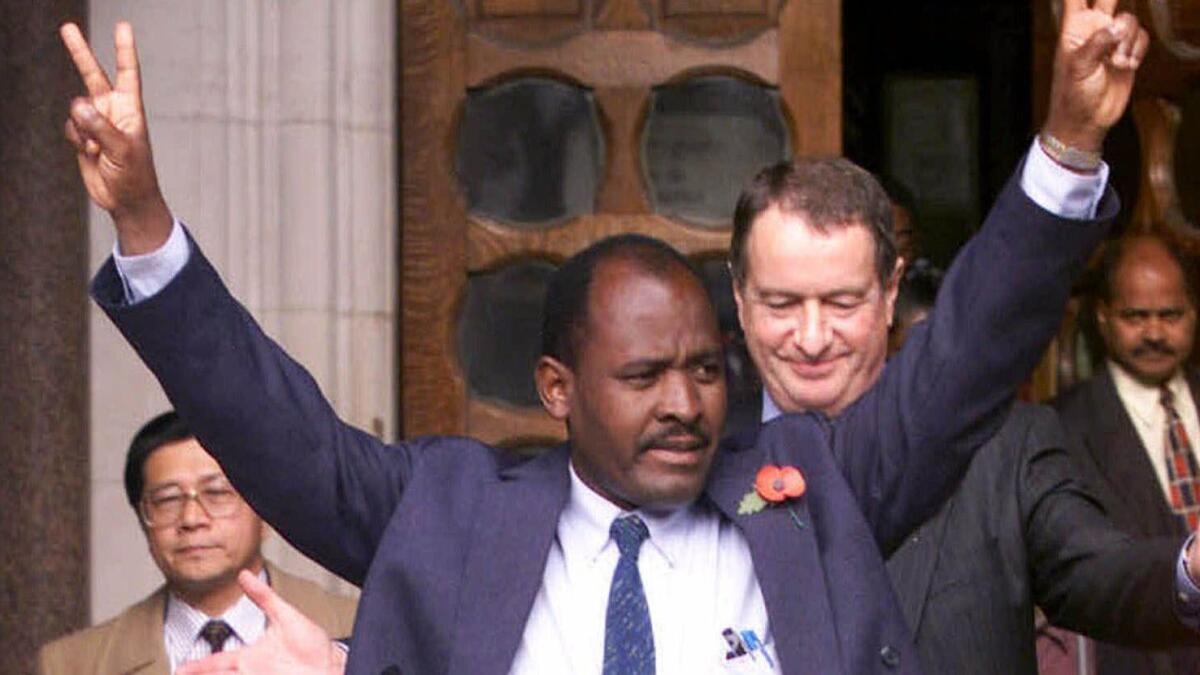 Louis Bancoult leaves a London courtroom in 2000 after a judge struck down a rule barring native islanders from returning to the Chagos Archipelago.