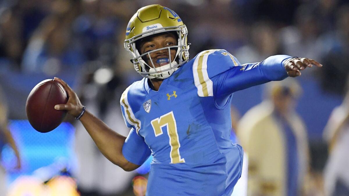 UCLA quarterback Dorian Thompson-Robinson passes against Arizona on Oct. 20. Will Thompson-Robinson start for the Bruins in 2019?