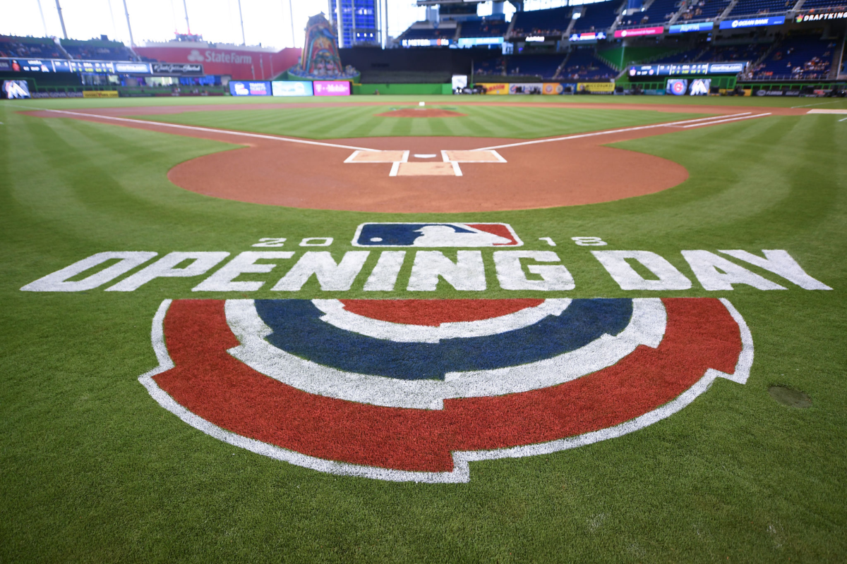 A view of the MLB opening day logo before a March 2018 game at Marlins Park.