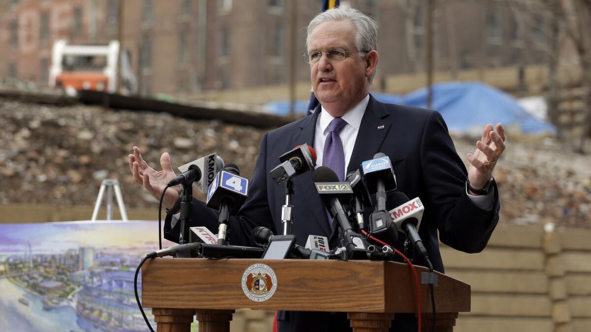 Missouri Gov. Jay Nixon appears at a news conference Tuesday at the site of a proposed NFL stadium for the St. Louis Rams.