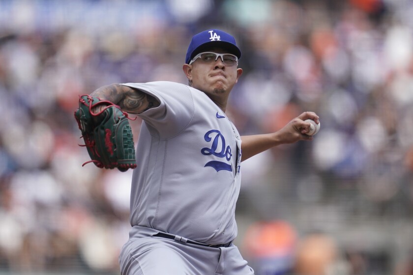 Dodgers starting pitcher Julio Urías delivers in the first inning against the San Francisco Giants.