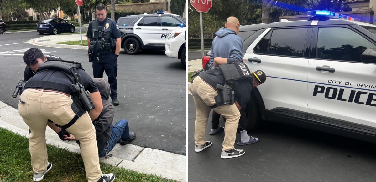 Two photos of officers arresting two men on the street.