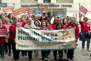 Supporters of single-payer health care march to the Capitol Wednesday, April 26, 2017, in Sacramento, Calif. The bill, SB562 by Democratic state Sens. Ricardo Lara, of Bell Gardens, and Toni Atkins, of San Diego, that would guarantee health coverage with no out-of-pocket cost for all California residents, including people living in the country illegally is to be heard in the Senate Health Committee, Wednesday. (AP Photo/Rich Pedroncelli)