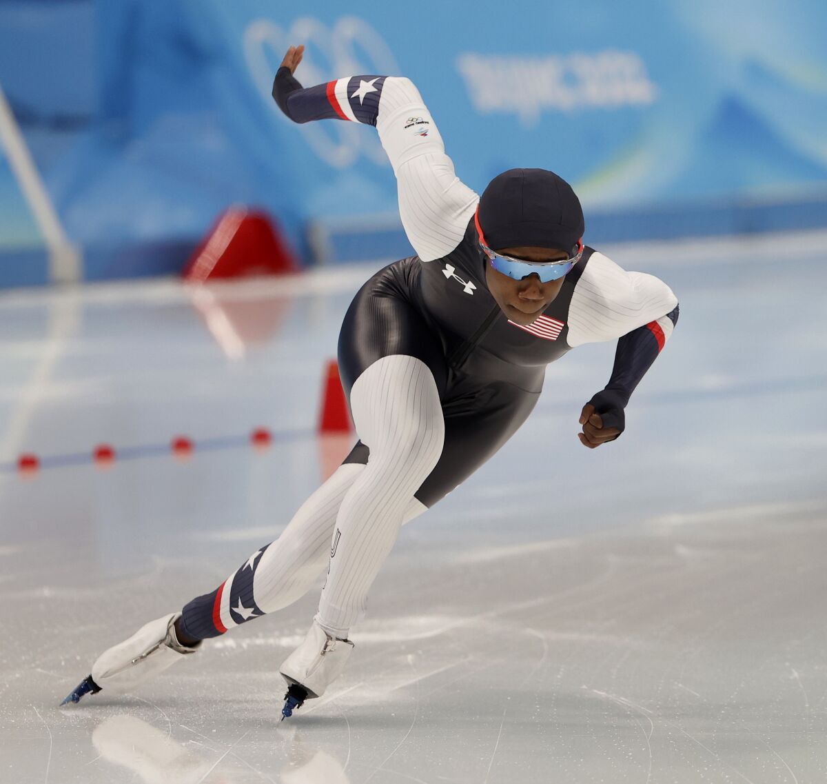 U.S. speedskater Erin Jackson competes in the 500 meters on her way to winning gold in the event.