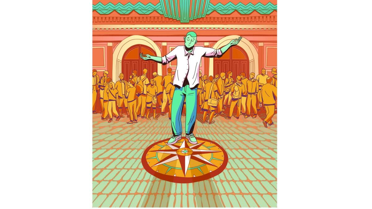 A cartoon man stands on a compass in the floor.
