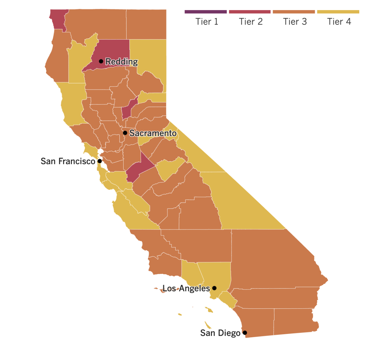 California reopening map: four counties in the red tier, 35 orange and 19 yellow.