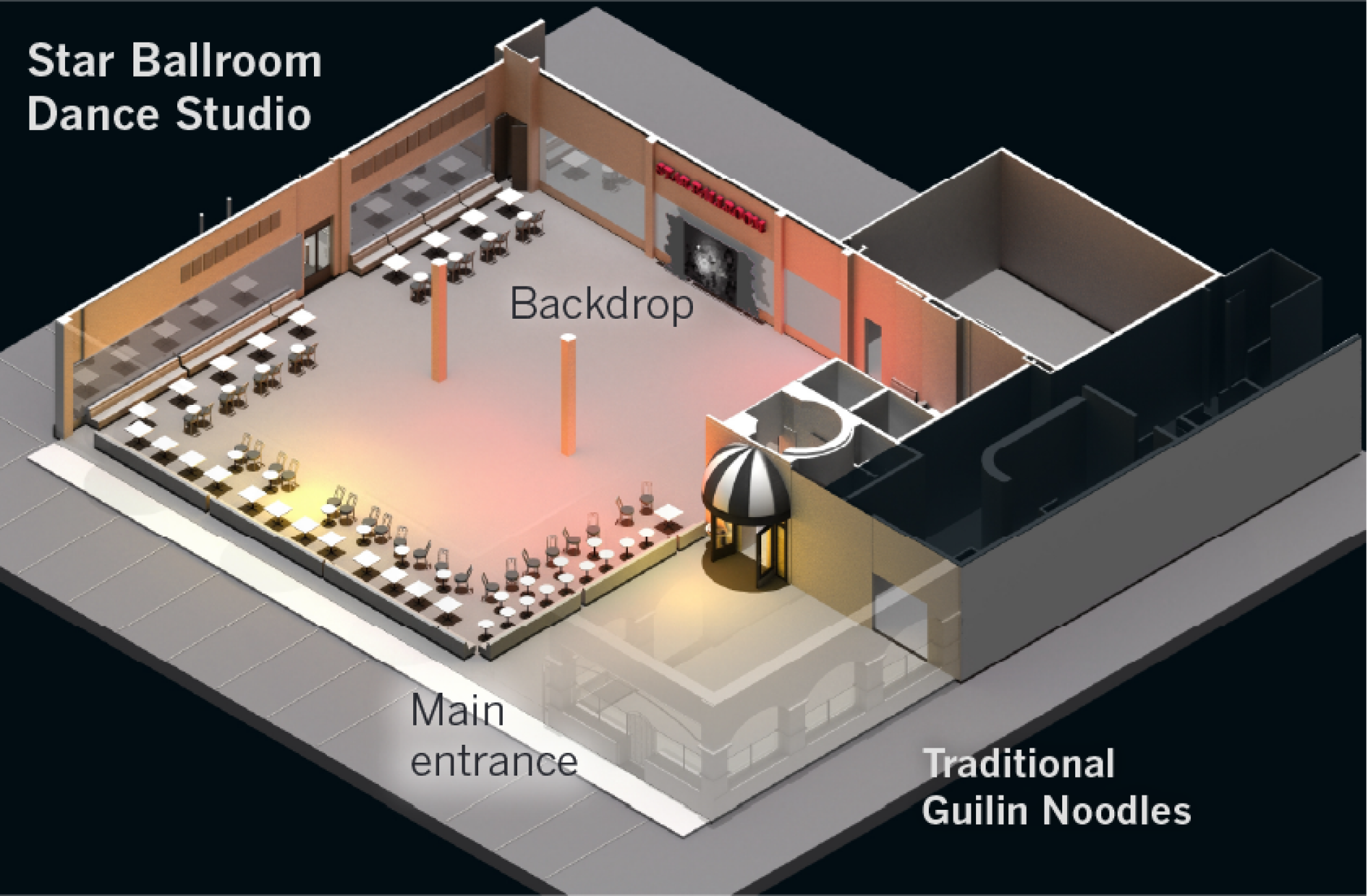 A 3-D rendering of the entrance of Star Dance Studio Ballroom, underneath a striped awning. 