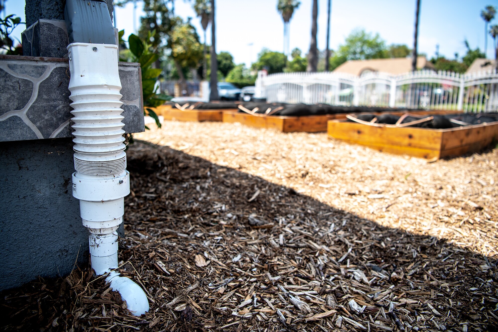 A rain gutter pipe goes into the ground, where it feeds into underground water tanks.