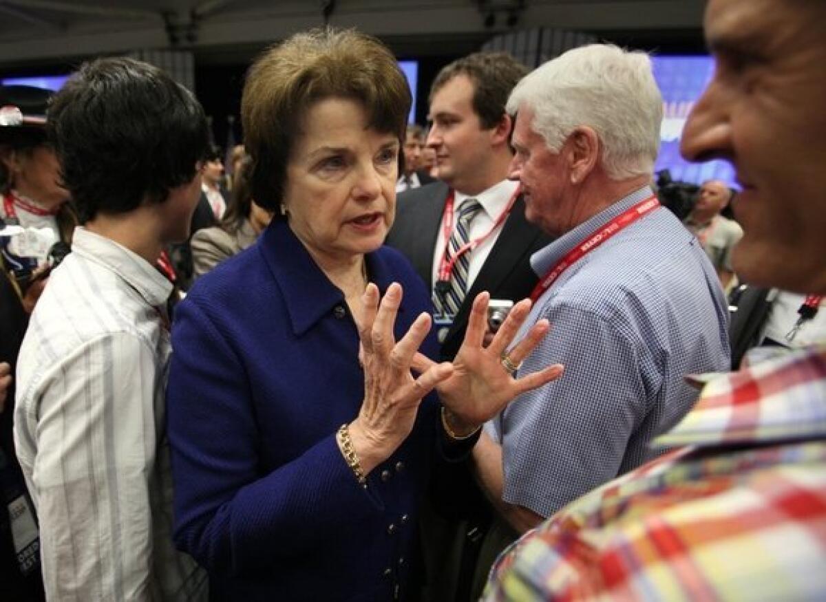 Sen. Dianne Feinstein talks to well-wishers after her speech at the California Democrats State Convention in Sacramento on April 30.