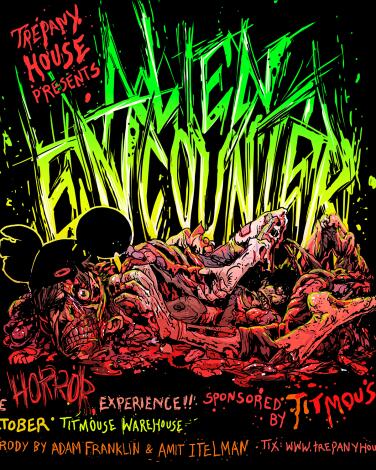 A poster with a bloodied, mummied character in mouse ears.