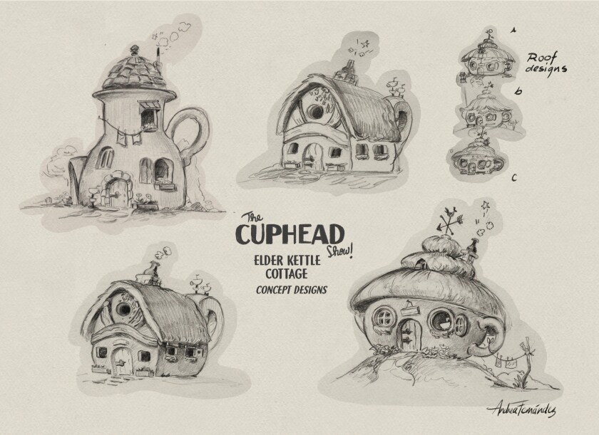 Drawings of teapot-shaped cottages.