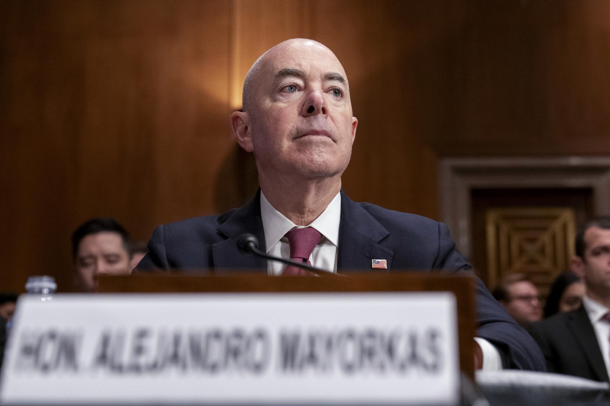 Secretary of Homeland Security Alejandro Mayorkas testifies Oct. 31, 2023, on Capitol Hill in Washington. 