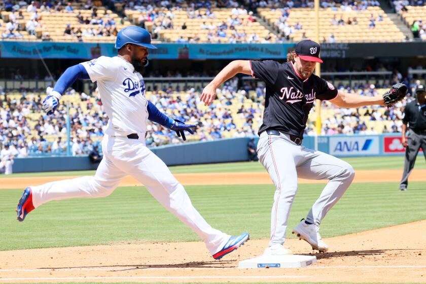 Los Angeles, California - April 17: Washington Nationals pitcher Jake Irvin (27) forces out Los Angeles Dodgers' Teoscar Hernandez (37) on a ground out during the fourth inning at Dodger Stadium on Wednesday, April 17, 2024 in Los Angeles, California.(Robert Gauthier / Los Angeles Times)