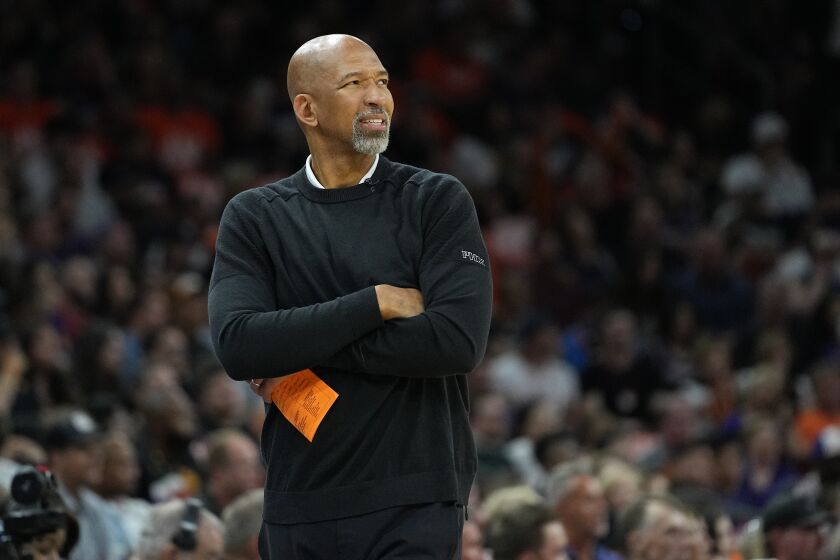Phoenix Suns head coach Monty Williams watches during the first half of Game 6 of an NBA basketball Western Conference semifinal game against the Denver Nuggets, Thursday, May 11, 2023, in Phoenix. (AP Photo/Matt York)
