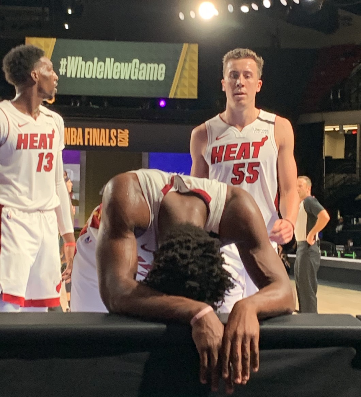 Miami Heat star Jimmy Butler tries to catch his breath after an exhausting effort during Game 5 of the NBA Finals.