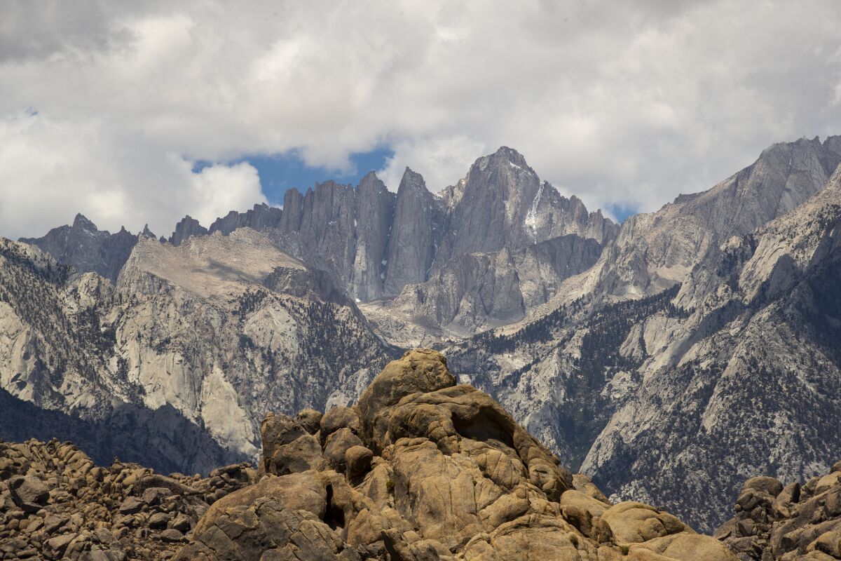 A view of Mount Whitney, the highest mountain in the United States, with the Alabama Hills in the foreground in Lone Pine