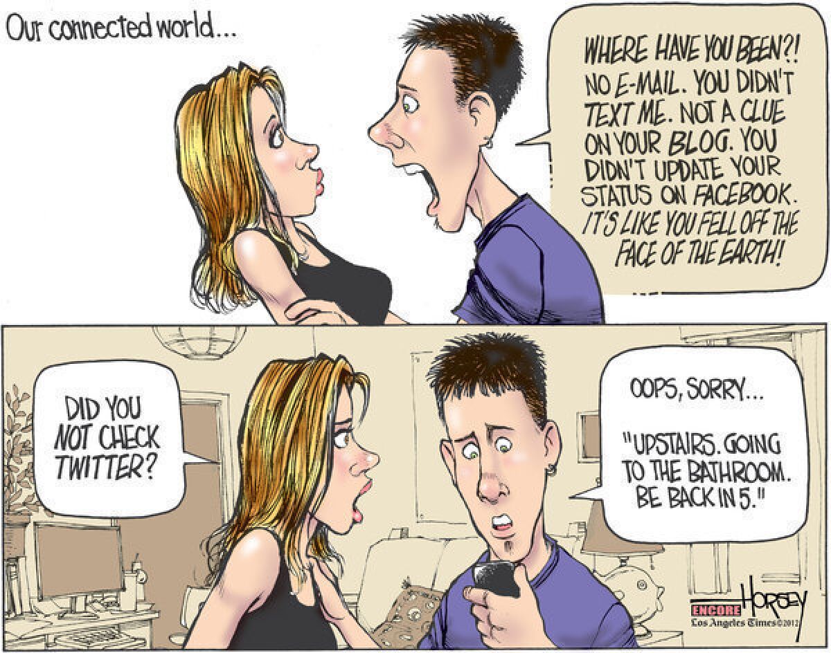 David Horsey's 2009 cartoon illustrates the challenge of escaping from the connected world of Twitter, Facebook, and all social media.