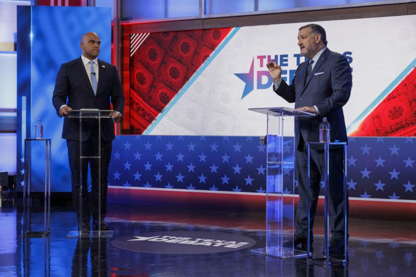 Sen. Ted Cruz, R-Texas, right, speaks during a U.S. Senate debate with Rep. Colin Allred, D-Texas, Tuesday, Oct. 15, 2024, in Dallas. (Shelby Tauber/Texas Tribune via AP, Pool)