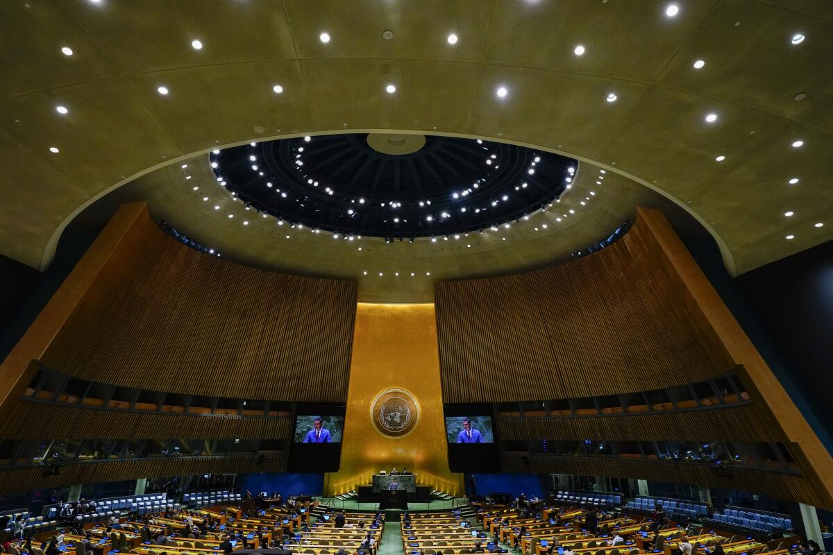 The United Nations General Assembly meets in a massive room at U.N. headquarters.