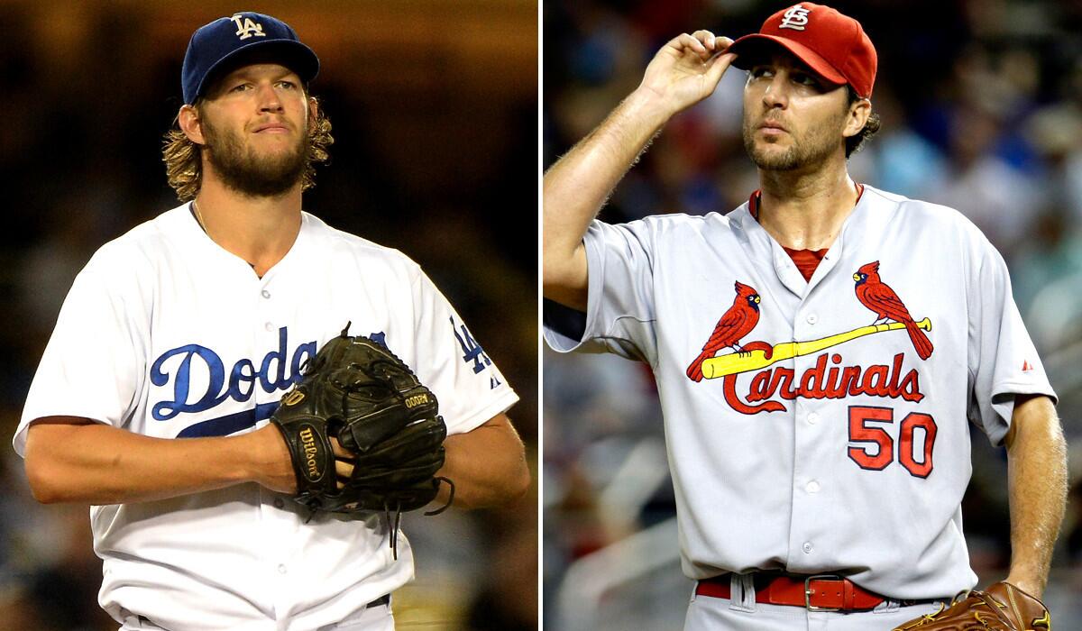 Playoff-tested aces Clayton Kershaw, left, and Adam Wainwright will go head to head in Game 1 of a National League division series Friday at Dodger Stadium.